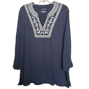 Talbots Embroidered Neckline Blue Cotton Split Neck Knit Tunic Size XL